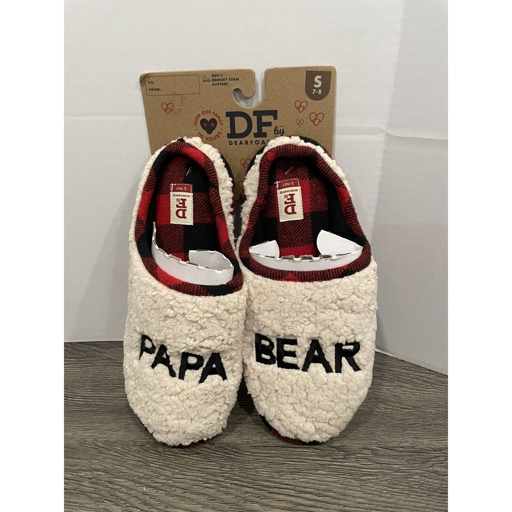 Dearfoams Papa Bear Slippers Size Small‎ 7-8 Memory Foam Sherpa Beige Red Plaid